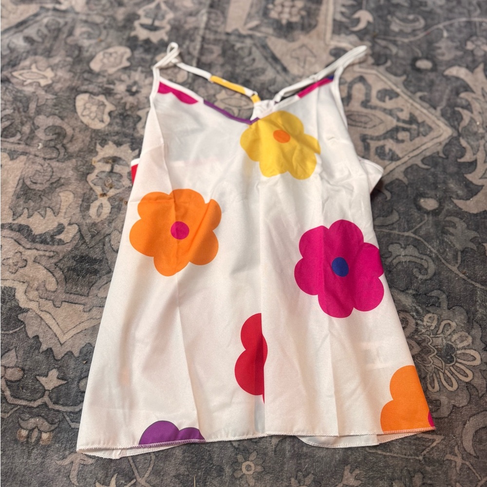 Floral Print Tank Top - White with Multicolor Flowers